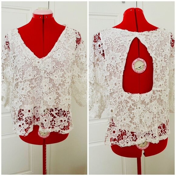 Mango lace blouse top keyhole white M bell sleeves - Picture 3 of 6